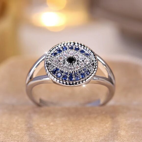 NEW 14k White Gold Blue Sapphire Evil Eye Diamond Ring - Picture 5 of 9